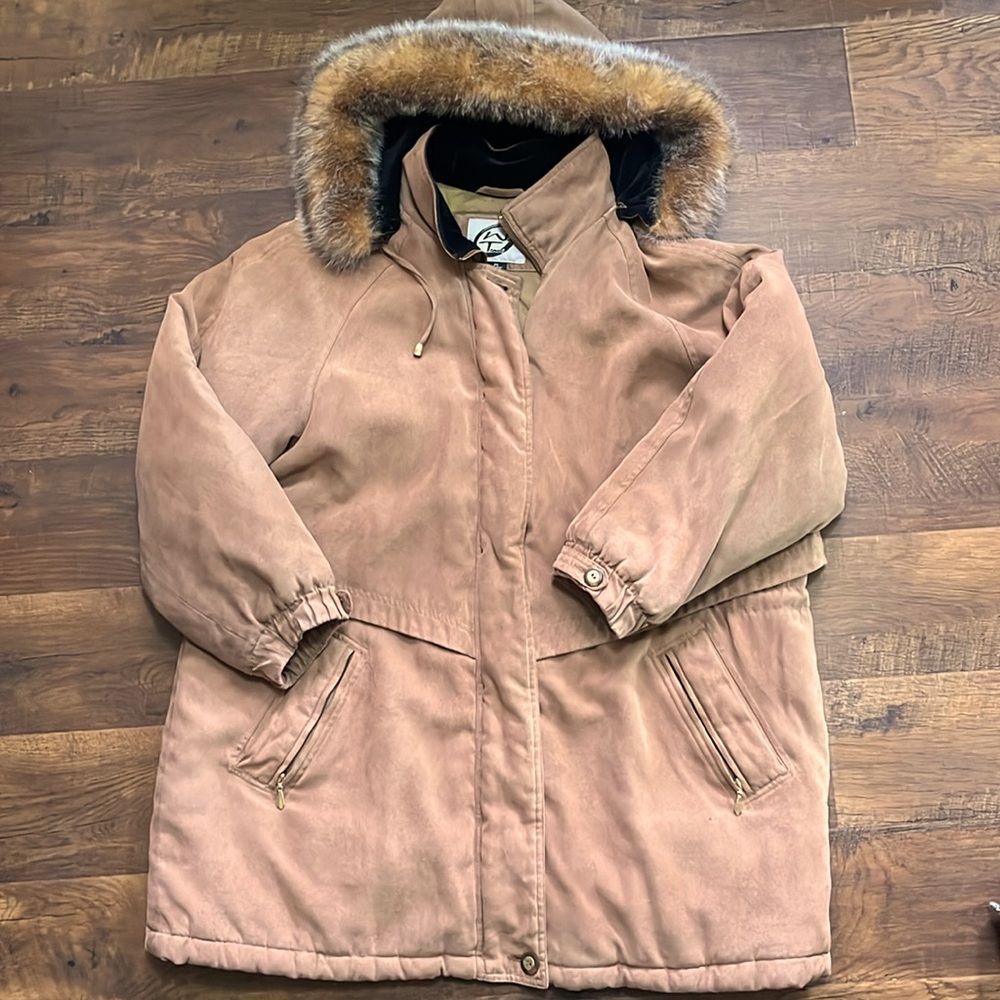 Brown Utility Faux Suede Jacket with Faux Fur-Trimmed Hood and Storm Flap